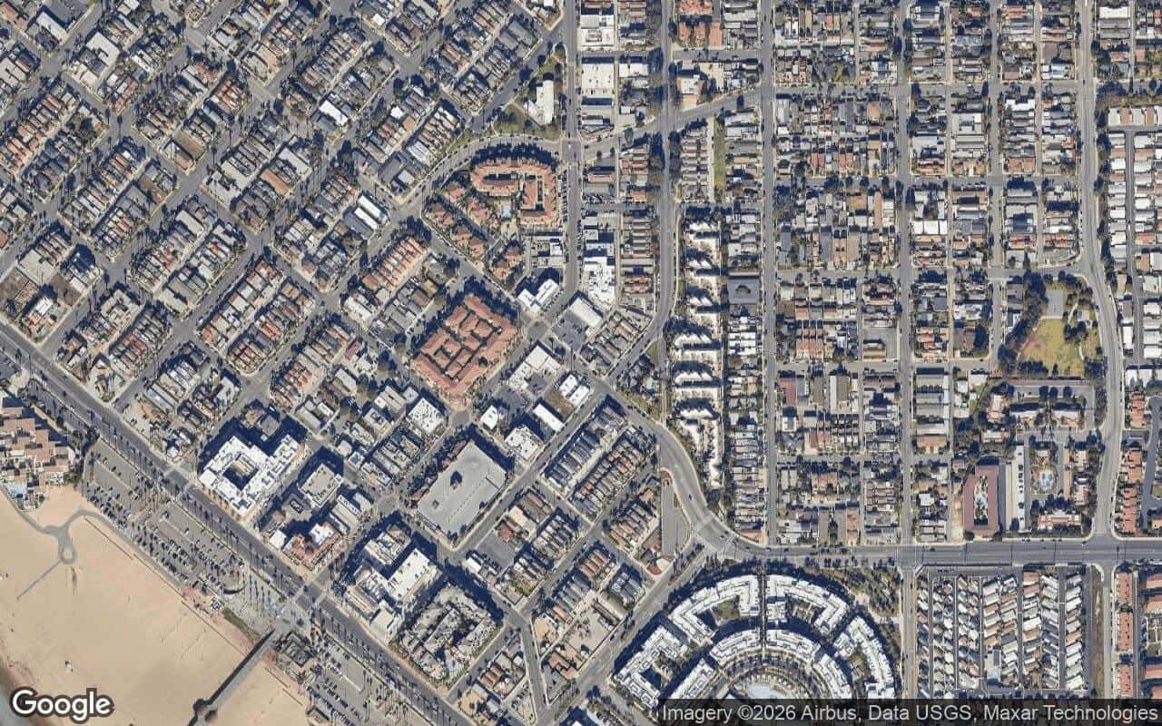 Satellite aerial view of Northwest Huntington Beach in Huntington Beach, California, showing the neighborhood's streets and surroundings.