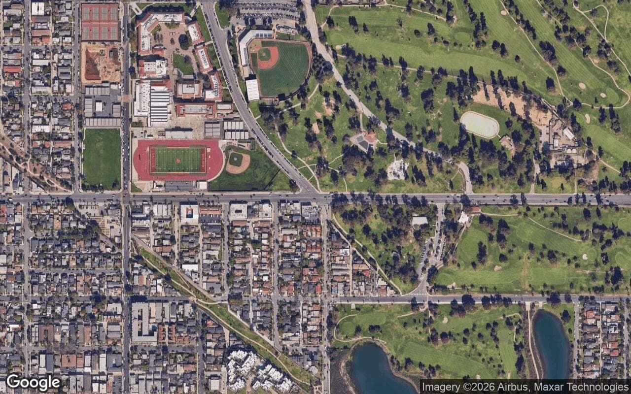 Satellite aerial view of Alamitos Heights in Long Beach, California, showing the neighborhood's streets and surroundings.