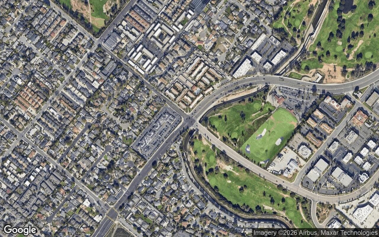 Satellite aerial view of Back Bay Condos in Newport Beach, California, showing the neighborhood's streets and surroundings.