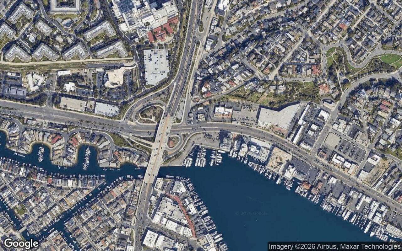 Satellite aerial view of Balboa Coves in Newport Beach, California, showing the neighborhood's streets and surroundings.