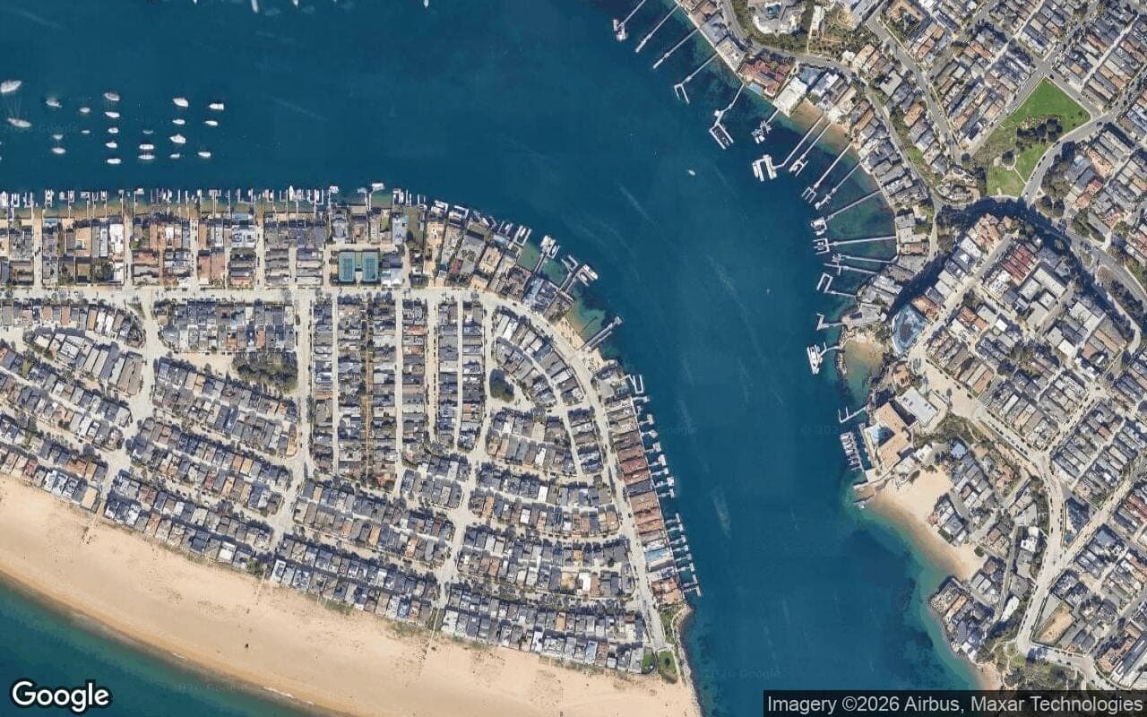 Satellite aerial view of Peninsula Point in Newport Beach, California, showing the neighborhood's streets and surroundings.