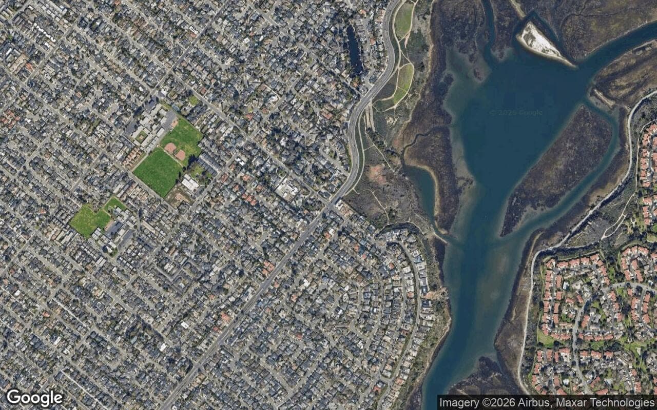 Satellite aerial view of Baycrest in Newport Beach, California, showing the neighborhood's streets and surroundings.