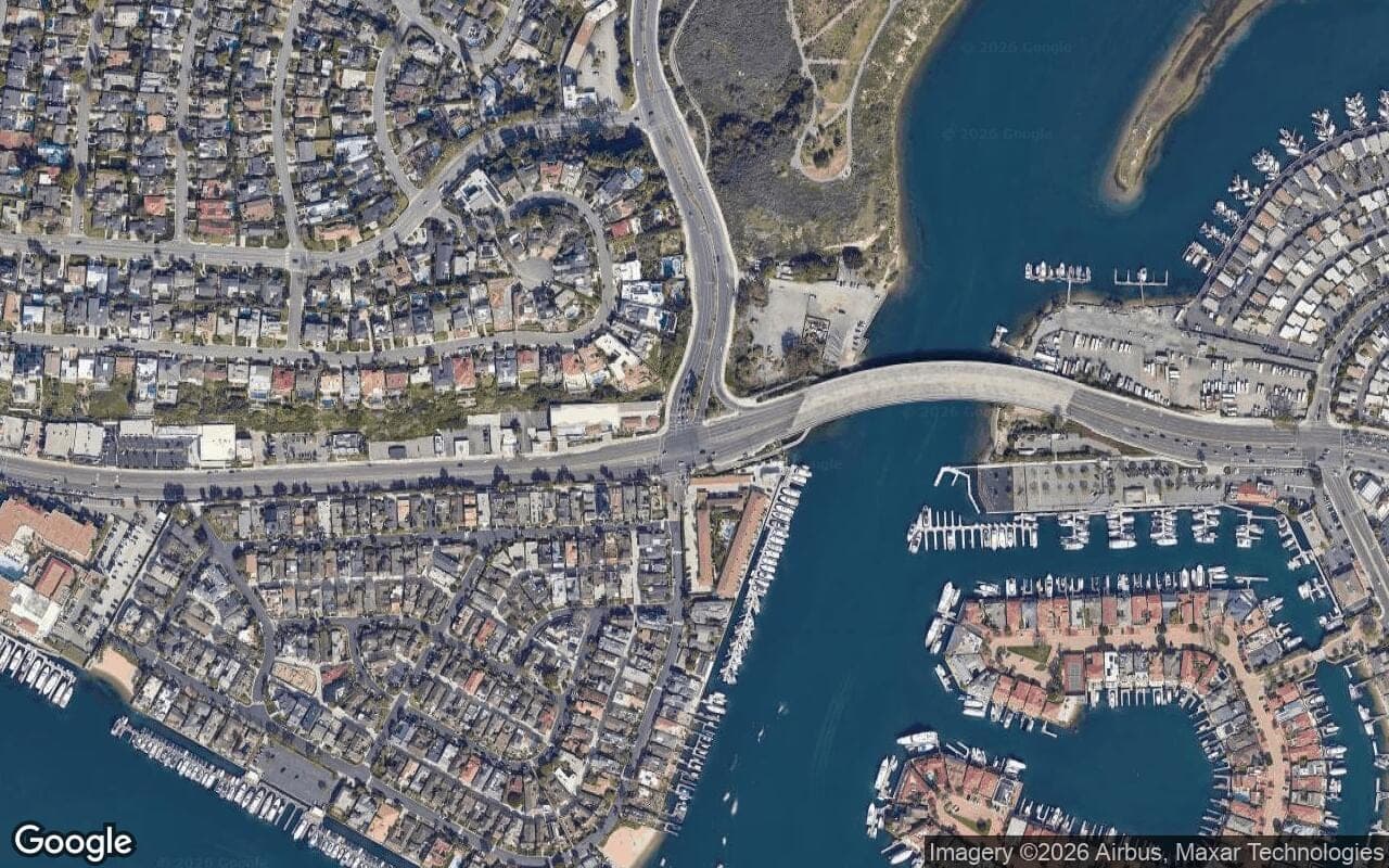 Satellite aerial view of Beacon Court in Newport Beach, California, showing the neighborhood's streets and surroundings.