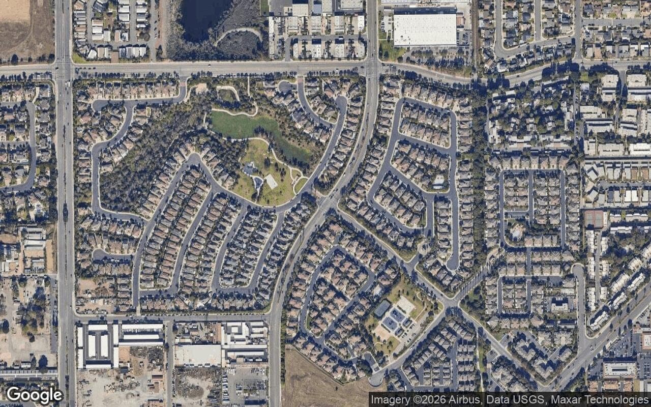Satellite aerial view of Bel Air in Huntington Beach, California, showing the neighborhood's streets and surroundings.
