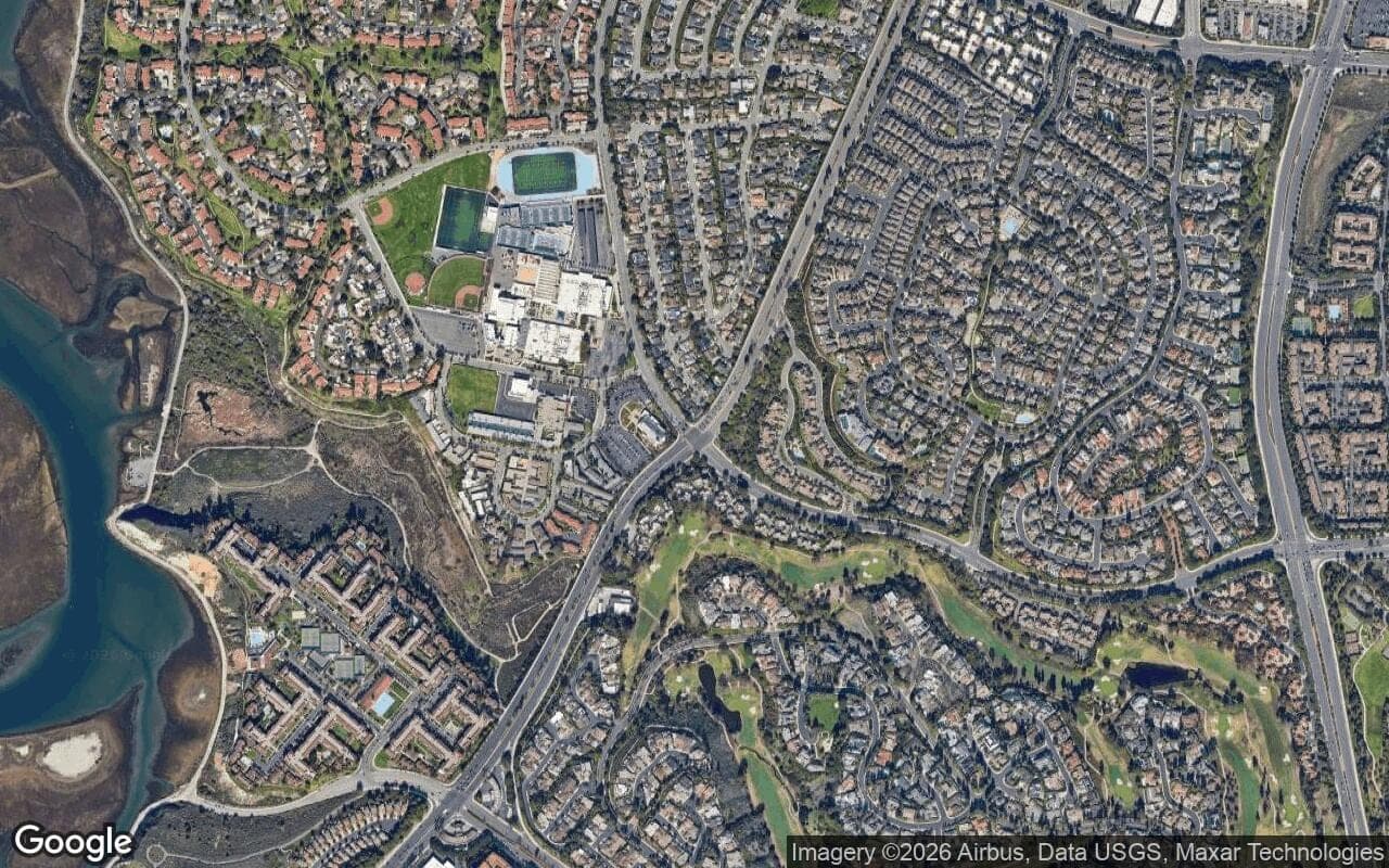 Satellite aerial view of Belcourt in Newport Beach, California, showing the neighborhood's streets and surroundings.