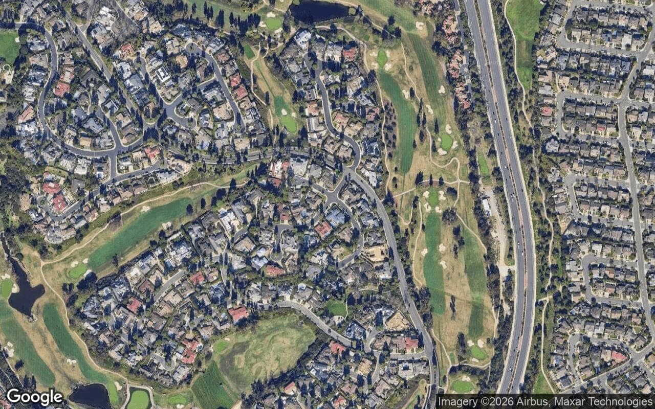 Satellite aerial view of Big Canyon Custom in Newport Beach, California, showing the neighborhood's streets and surroundings.