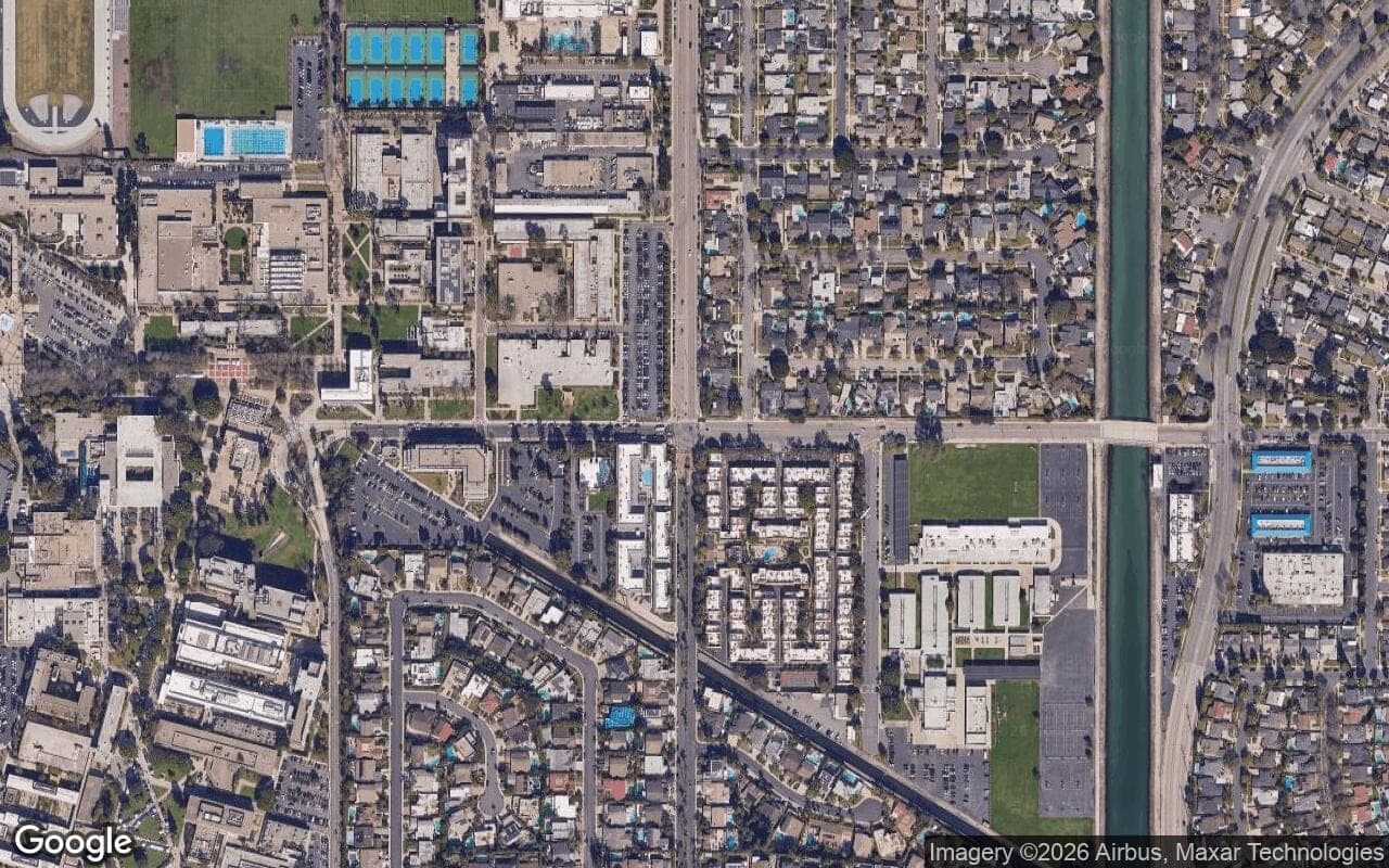 Satellite aerial view of Bixby Hill in Long Beach, California, showing the neighborhood's streets and surroundings.