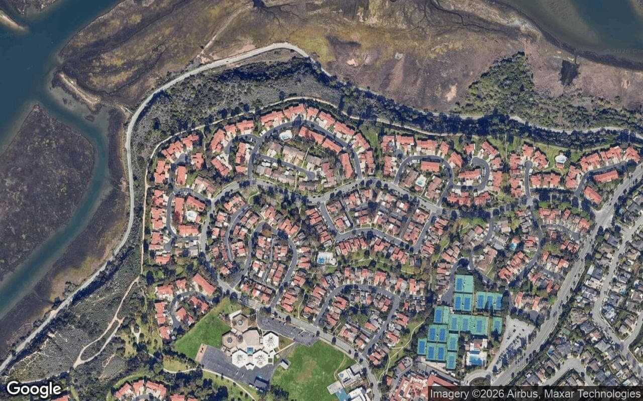 Satellite aerial view of Bluffs Original in Newport Beach, California, showing the neighborhood's streets and surroundings.