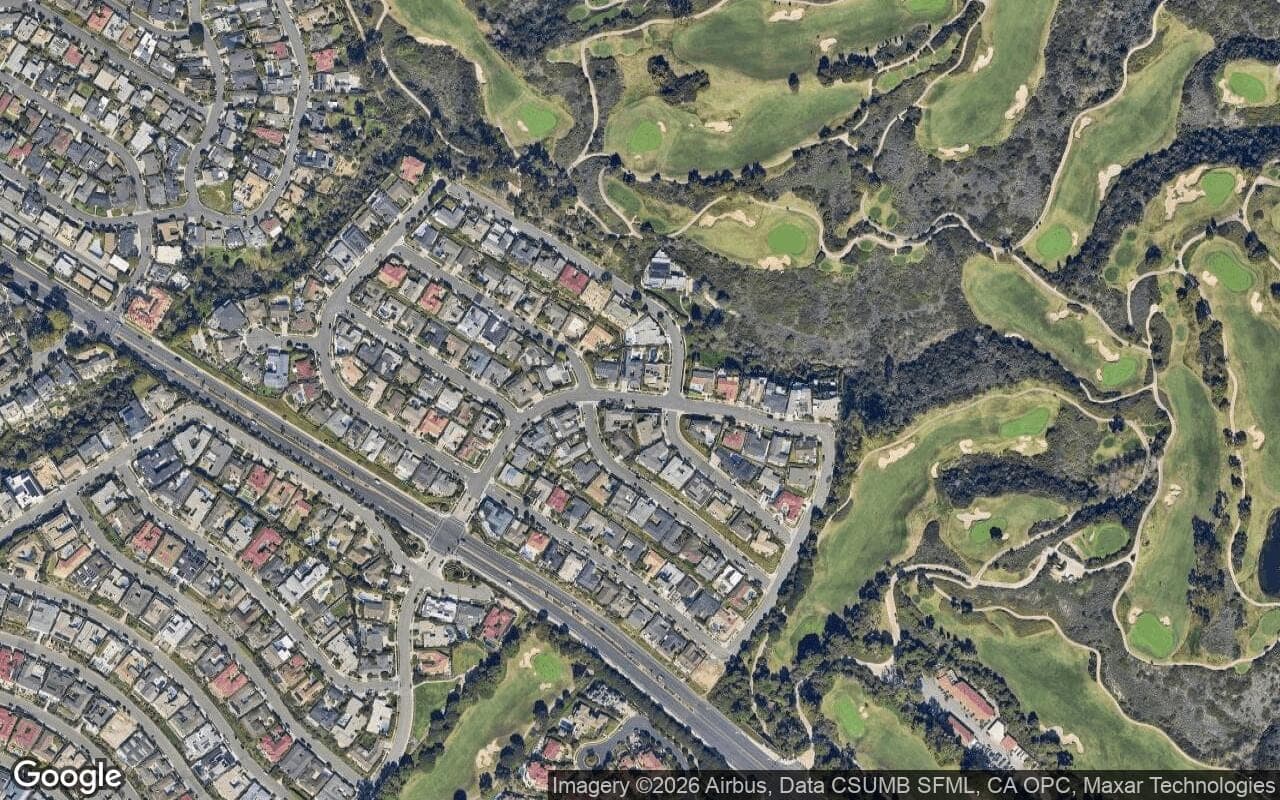 Satellite aerial view of Cameo Highlands in Corona del Mar, California, showing the neighborhood's streets and surroundings.
