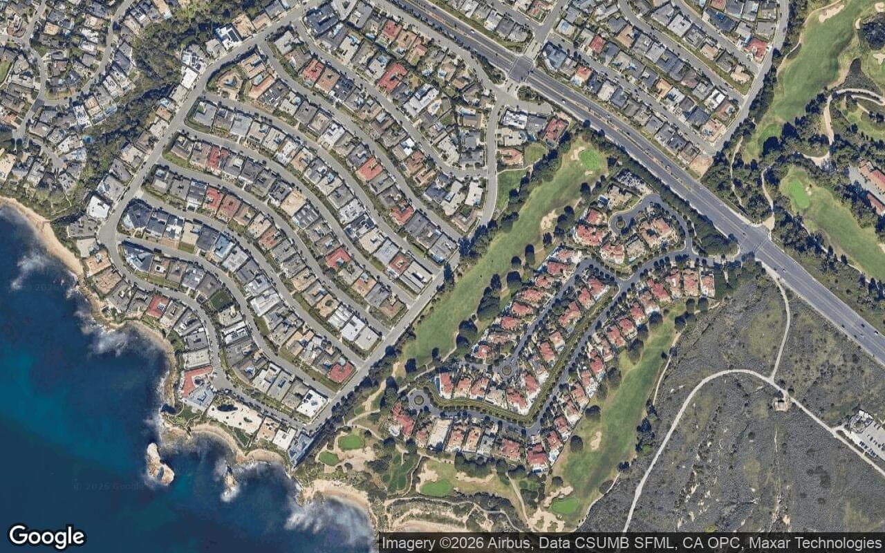 Satellite aerial view of Cameo Shores in Corona del Mar, California, showing the neighborhood's streets and surroundings.
