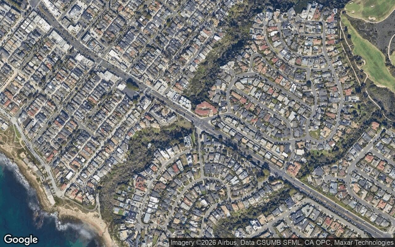 Satellite aerial view of Canyon Cove in Corona del Mar, California, showing the neighborhood's streets and surroundings.