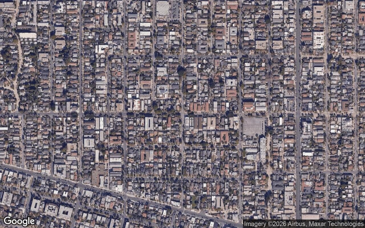 Satellite aerial view of Carroll Park in Long Beach, California, showing the neighborhood's streets and surroundings.
