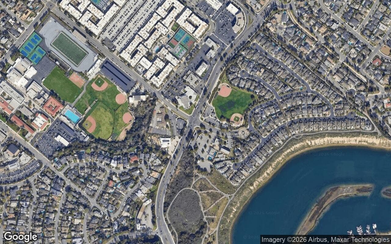 Satellite aerial view of Castaways in Newport Beach, California, showing the neighborhood's streets and surroundings.