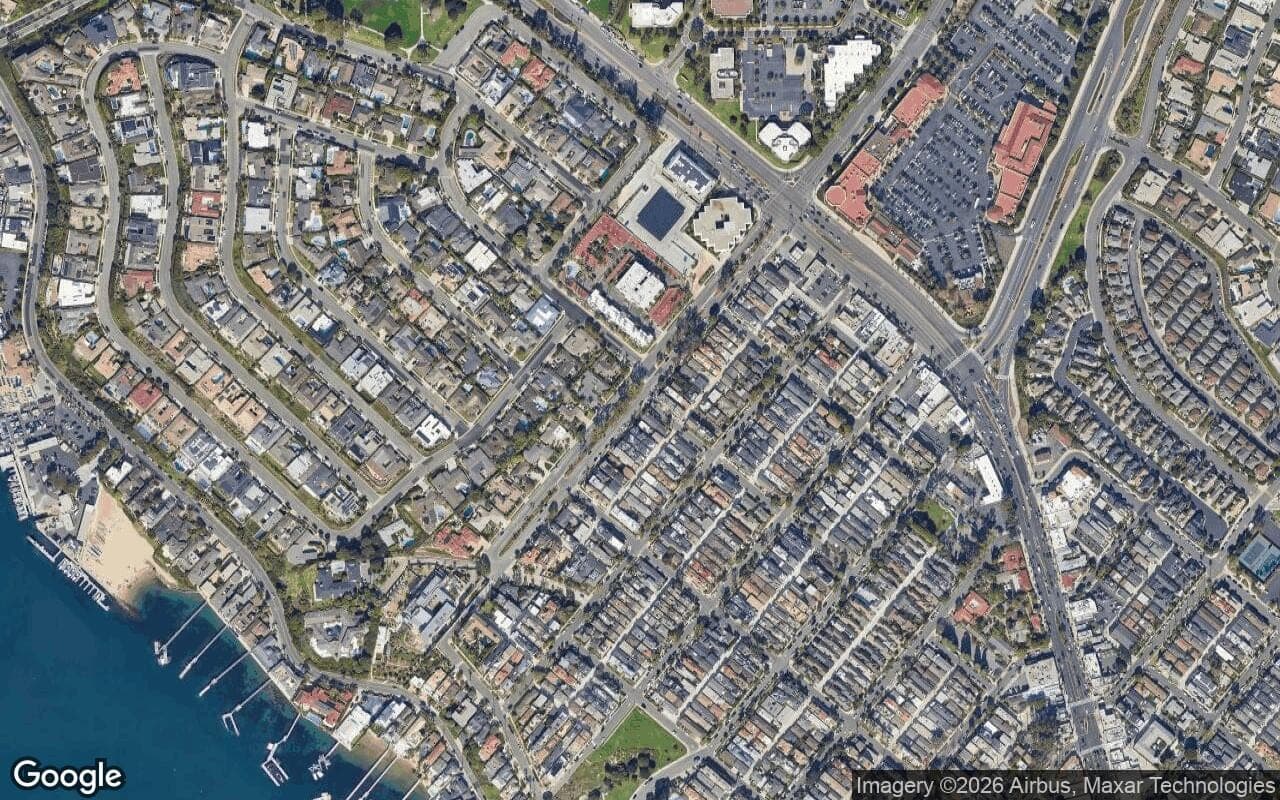 Satellite aerial view of Channel Reef in Corona del Mar, California, showing the neighborhood's streets and surroundings.