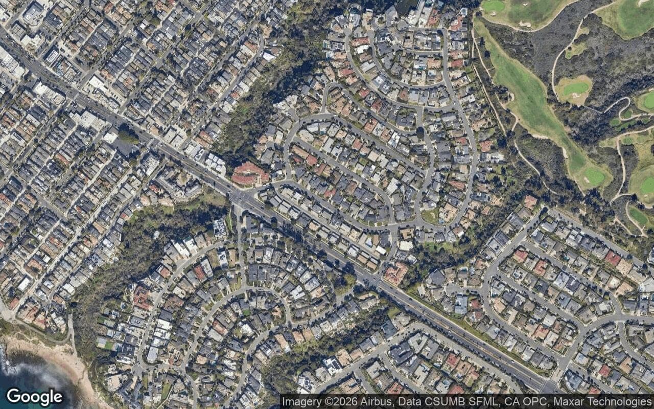 Satellite aerial view of Corona Highlands in Corona del Mar, California, showing the neighborhood's streets and surroundings.