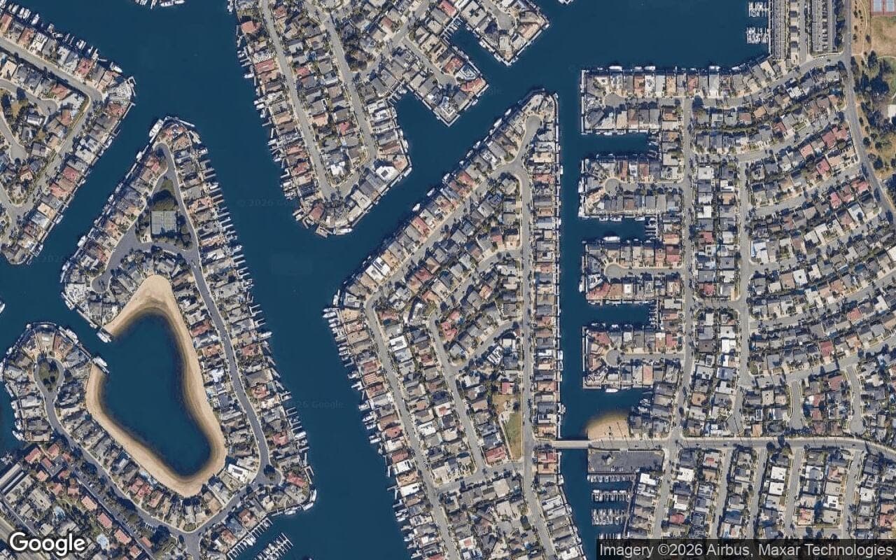 Satellite aerial view of Davenport Island in Huntington Beach, California, showing the neighborhood's streets and surroundings.