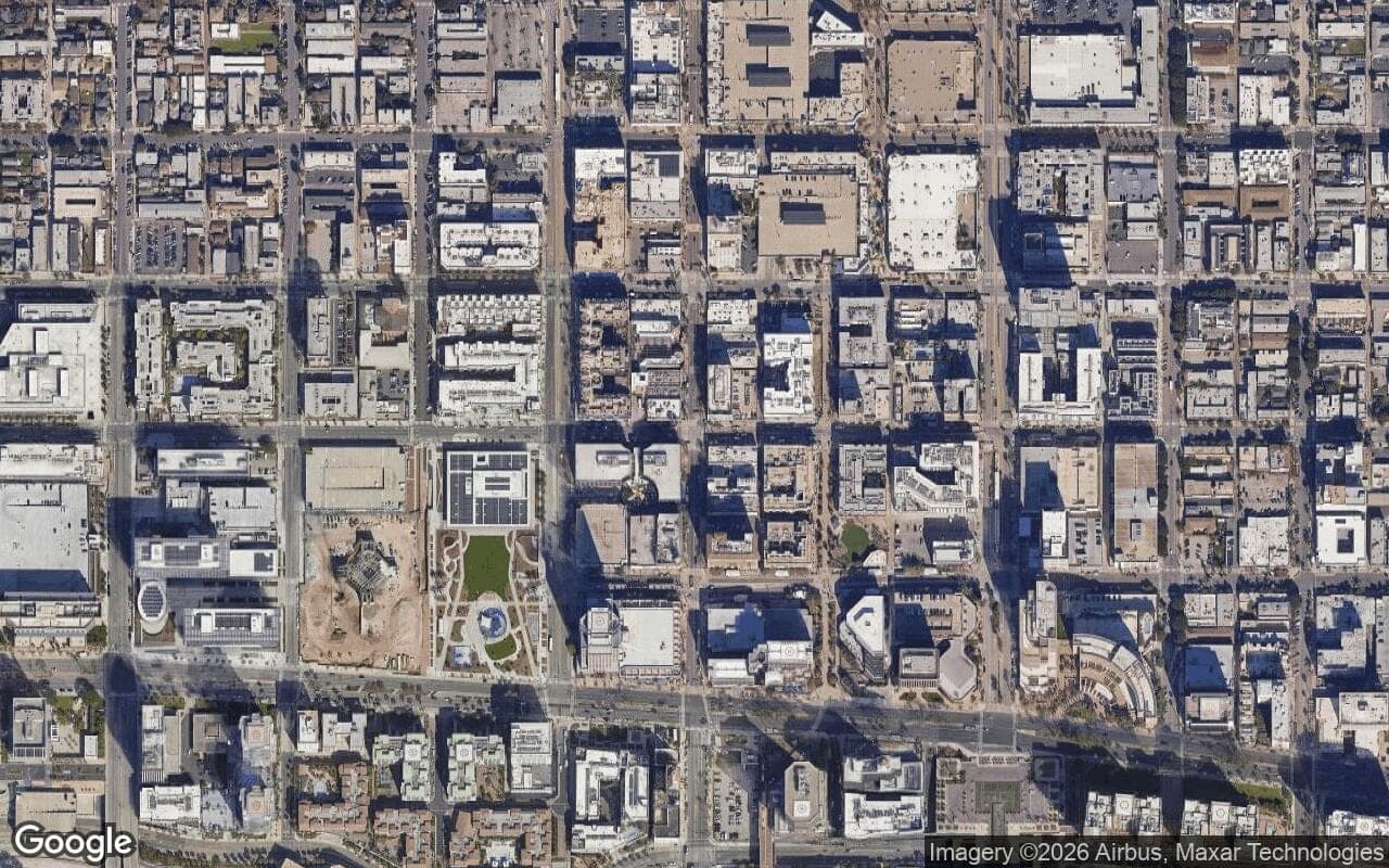 Satellite aerial view of Downtown Long Beach in Long Beach, California, showing the neighborhood's streets and surroundings.