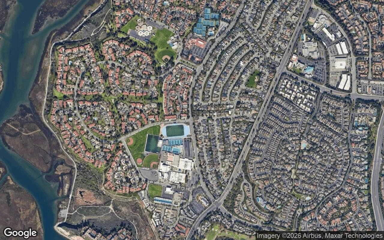 Satellite aerial view of Eastbluff in Newport Beach, California, showing the neighborhood's streets and surroundings.