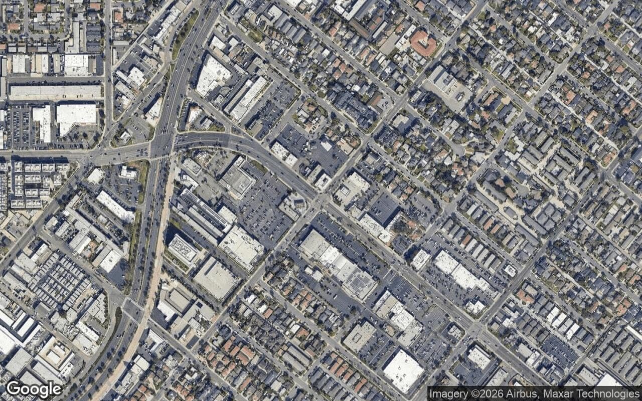 Satellite aerial view of Eastside Costa Mesa in Costa Mesa, California, showing the neighborhood's streets and surroundings.