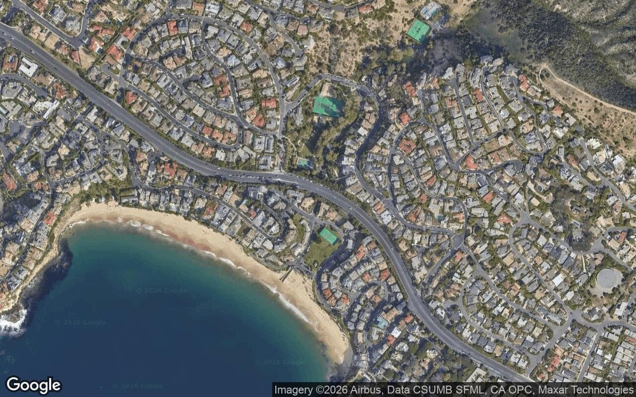 Satellite aerial view of Emerald Bay in Laguna Beach, California, showing the neighborhood's streets and surroundings.
