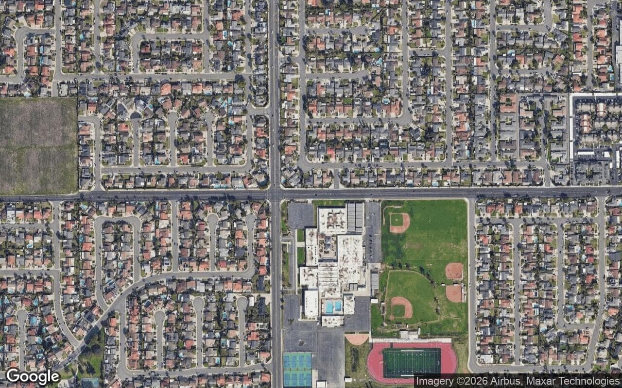 Satellite aerial view of Emerald Glen in Fountain Valley, California, showing the neighborhood's streets and surroundings.