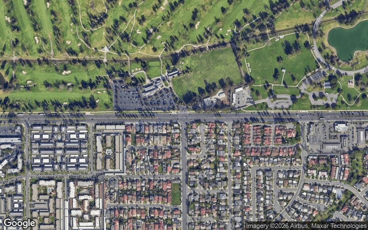 Satellite aerial view of Fairway Estates in Fountain Valley, California, showing the neighborhood's streets and surroundings.
