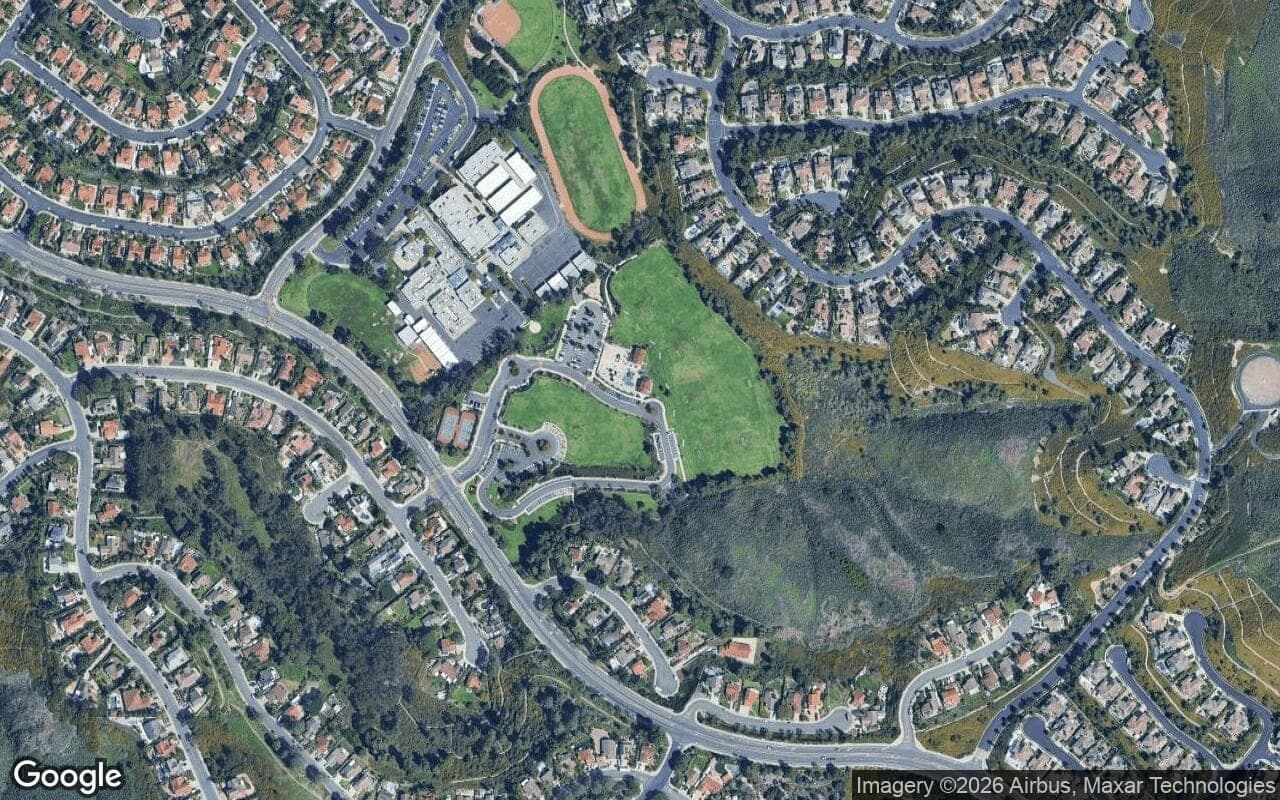 Satellite aerial view of Forster Ranch in San Clemente, California, showing the neighborhood's streets and surroundings.