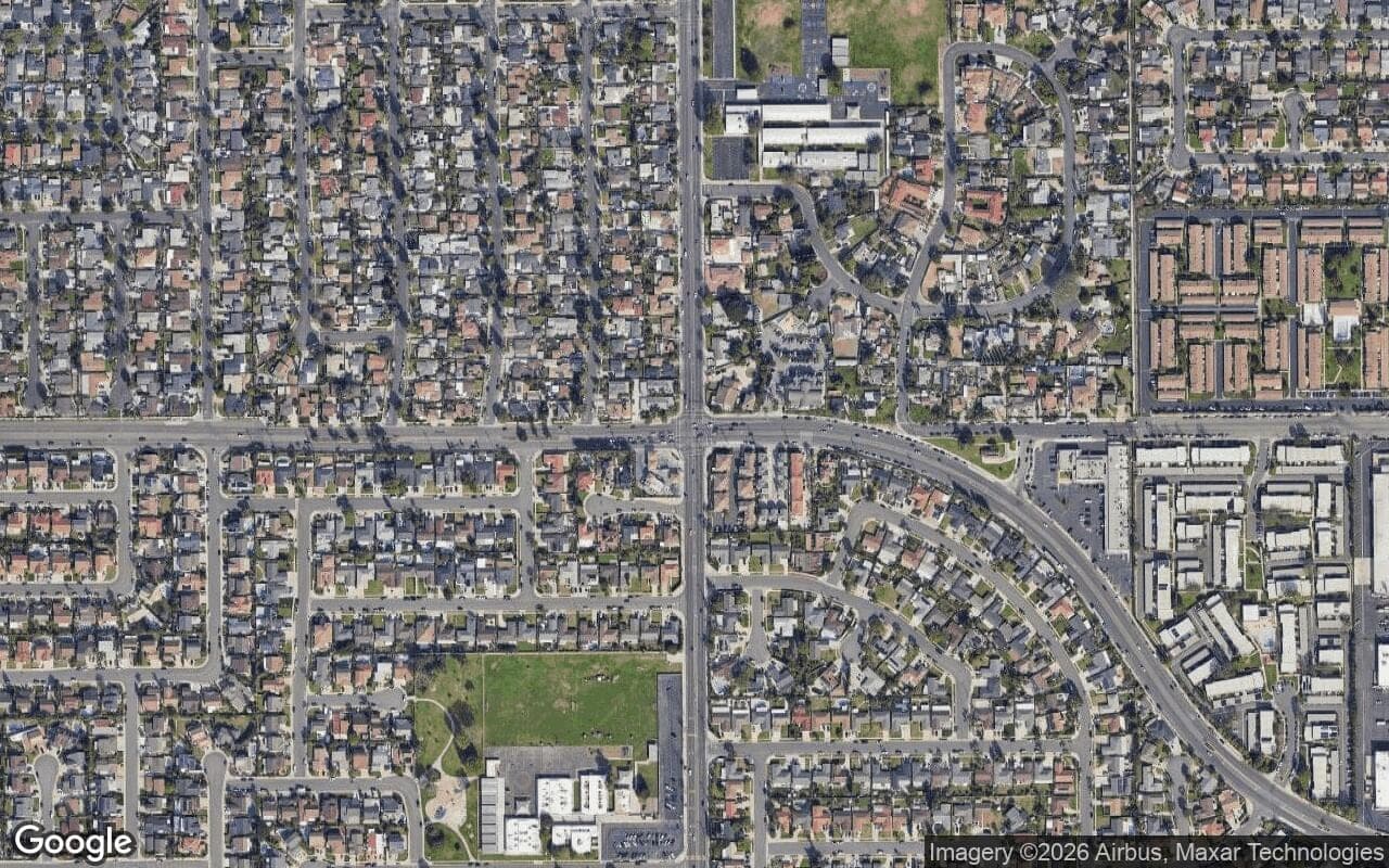 Satellite aerial view of Fountain View in Fountain Valley, California, showing the neighborhood's streets and surroundings.