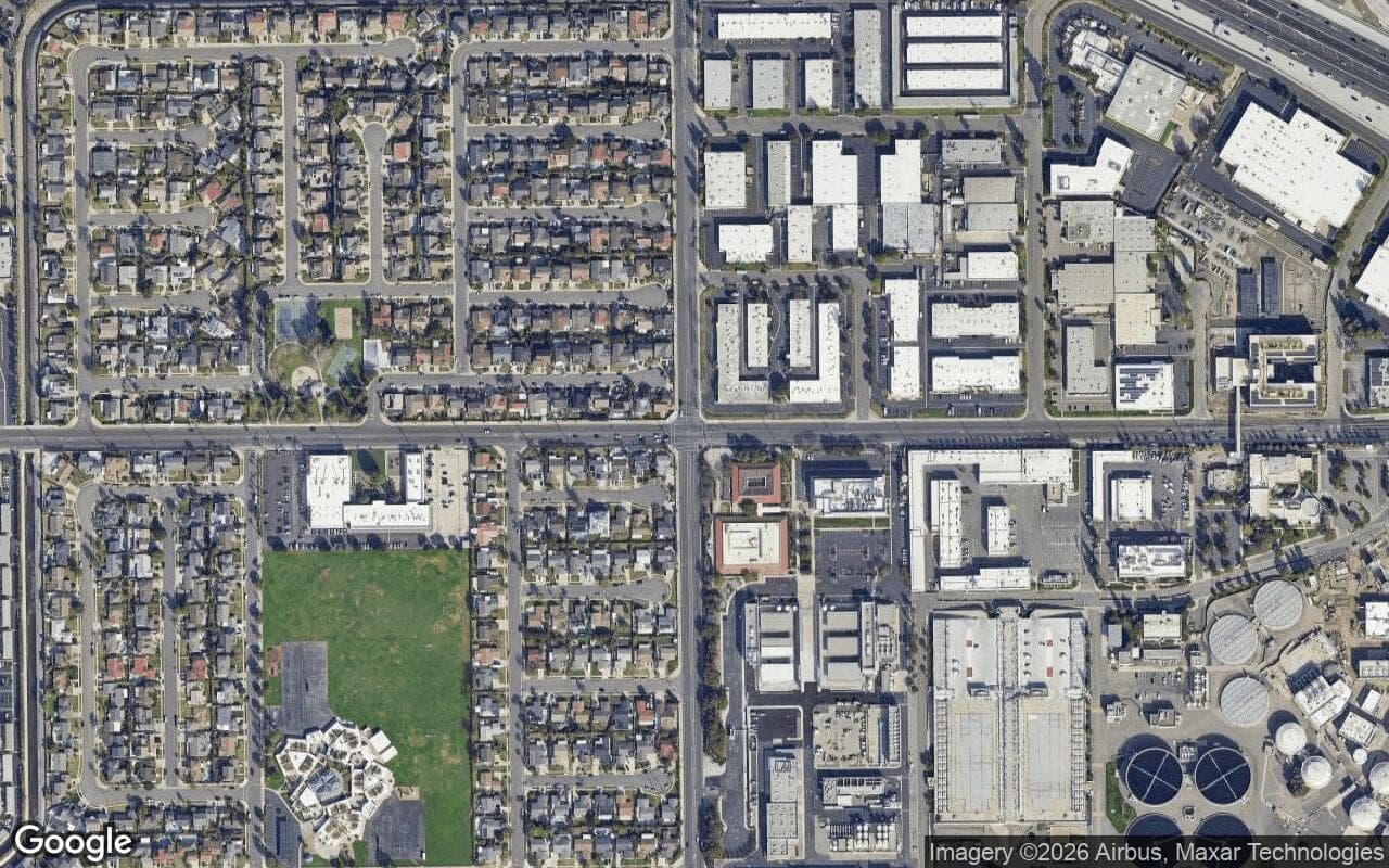 Satellite aerial view of Hacienda I in Fountain Valley, California, showing the neighborhood's streets and surroundings.