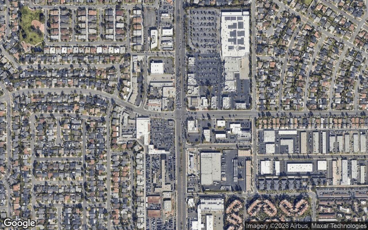 Satellite aerial view of Halecrest in Costa Mesa, California, showing the neighborhood's streets and surroundings.