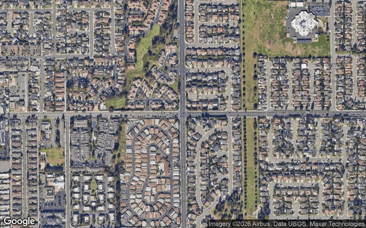 Satellite aerial view of Hampton Place in Fountain Valley, California, showing the neighborhood's streets and surroundings.