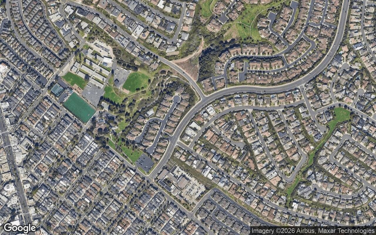 Satellite aerial view of Harbor View Broadmoor in Corona del Mar, California, showing the neighborhood's streets and surroundings.
