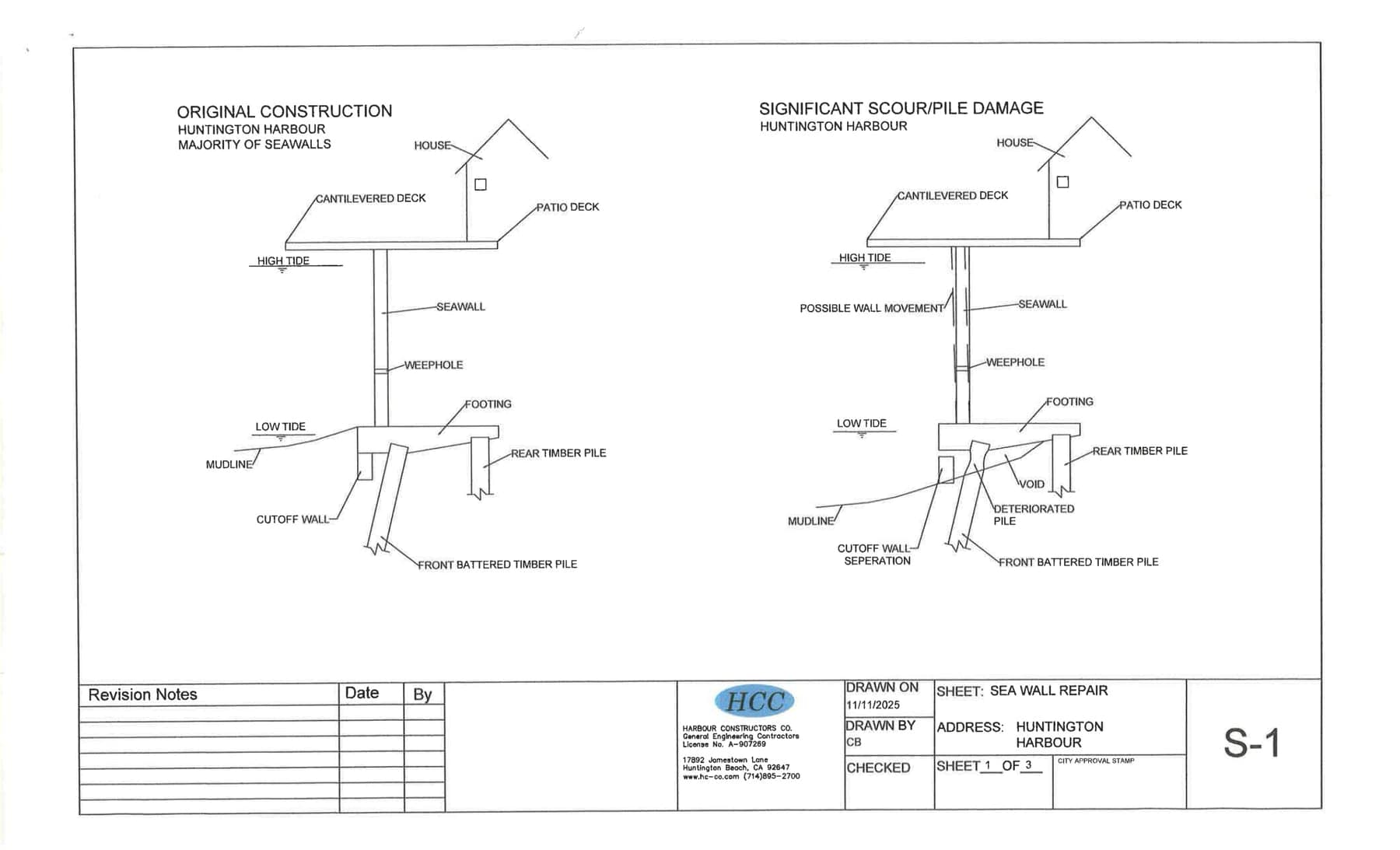 Harbour Constructors cross-section diagrams comparing original 1960s Huntington Harbour seawall construction with a wall showing significant scour and pile damage, labeling the seawall, weephole, footing, cutoff wall, mudline, and timber piles.
