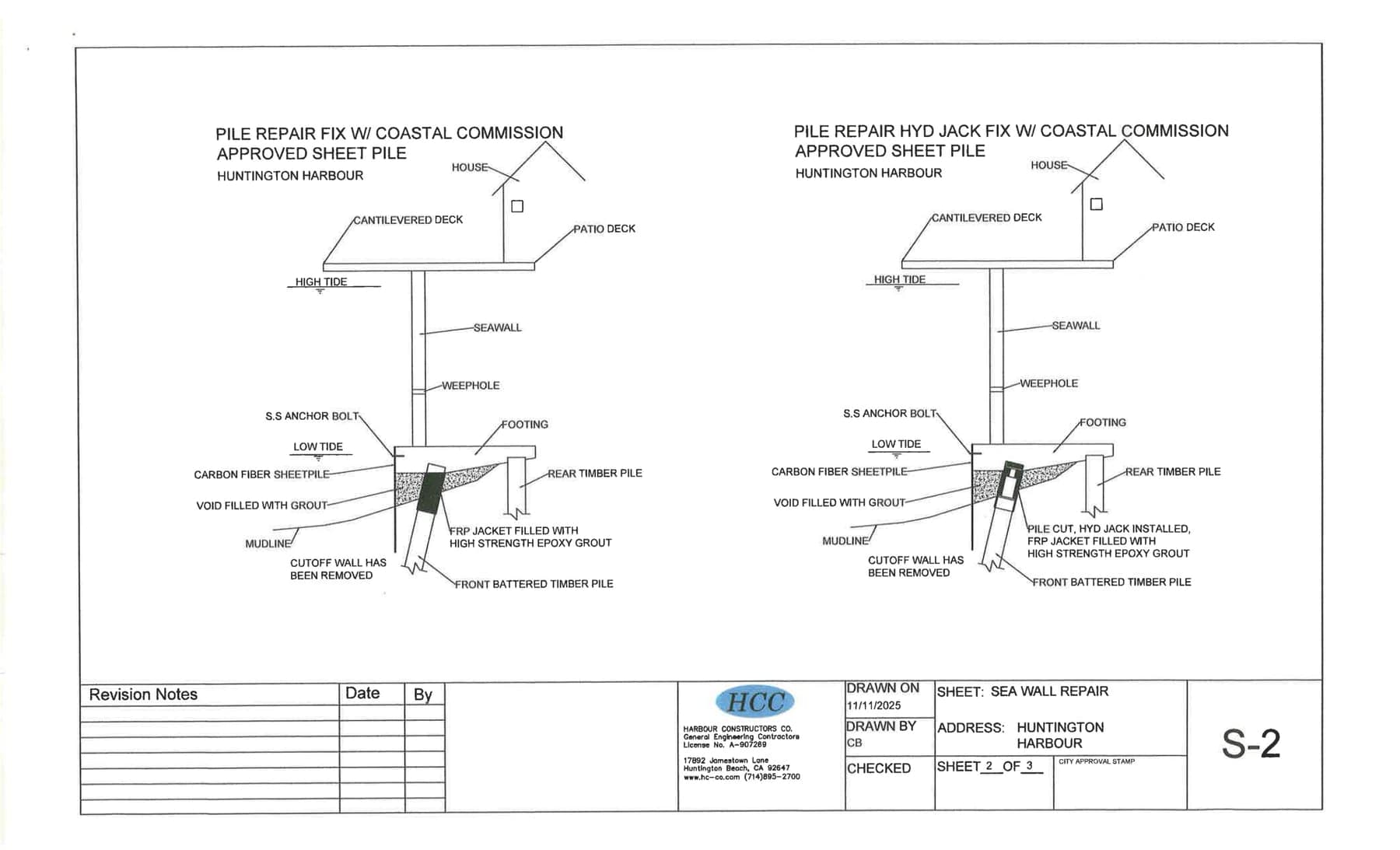 Harbour Constructors diagrams of the two Coastal-Commission-approved Huntington Harbour seawall repairs: carbon-fiber sheet pile with grout-filled void, with pile repair by FRP jacket or by hydraulic jack and epoxy grout jacket.