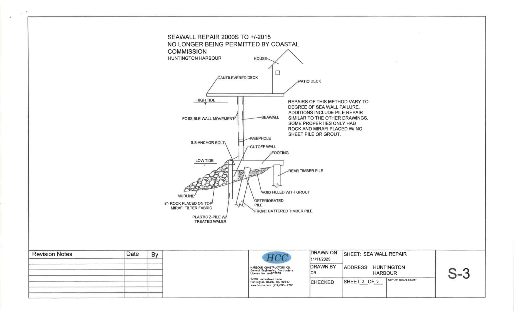 Harbour Constructors diagram of the 2000s-to-2015 Huntington Harbour seawall repair method using plastic Z-pile, rock, and Mirafi filter fabric, a method the California Coastal Commission no longer permits.