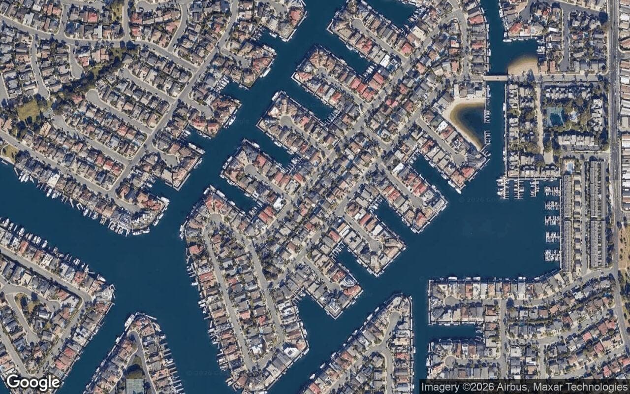 Satellite aerial view of Humboldt Island in Huntington Beach, California, showing the neighborhood's streets and surroundings.