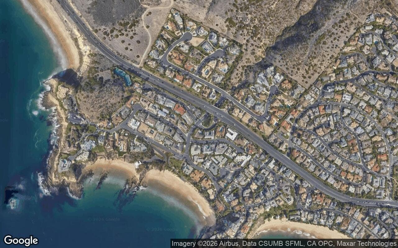 Satellite aerial view of Irvine Cove in Laguna Beach, California, showing the neighborhood's streets and surroundings.