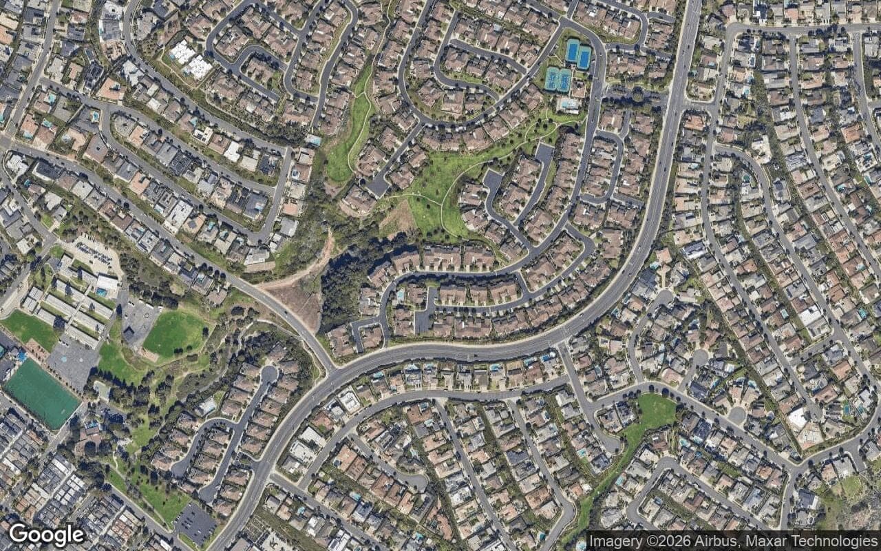Satellite aerial view of Jasmine Creek in Corona del Mar, California, showing the neighborhood's streets and surroundings.