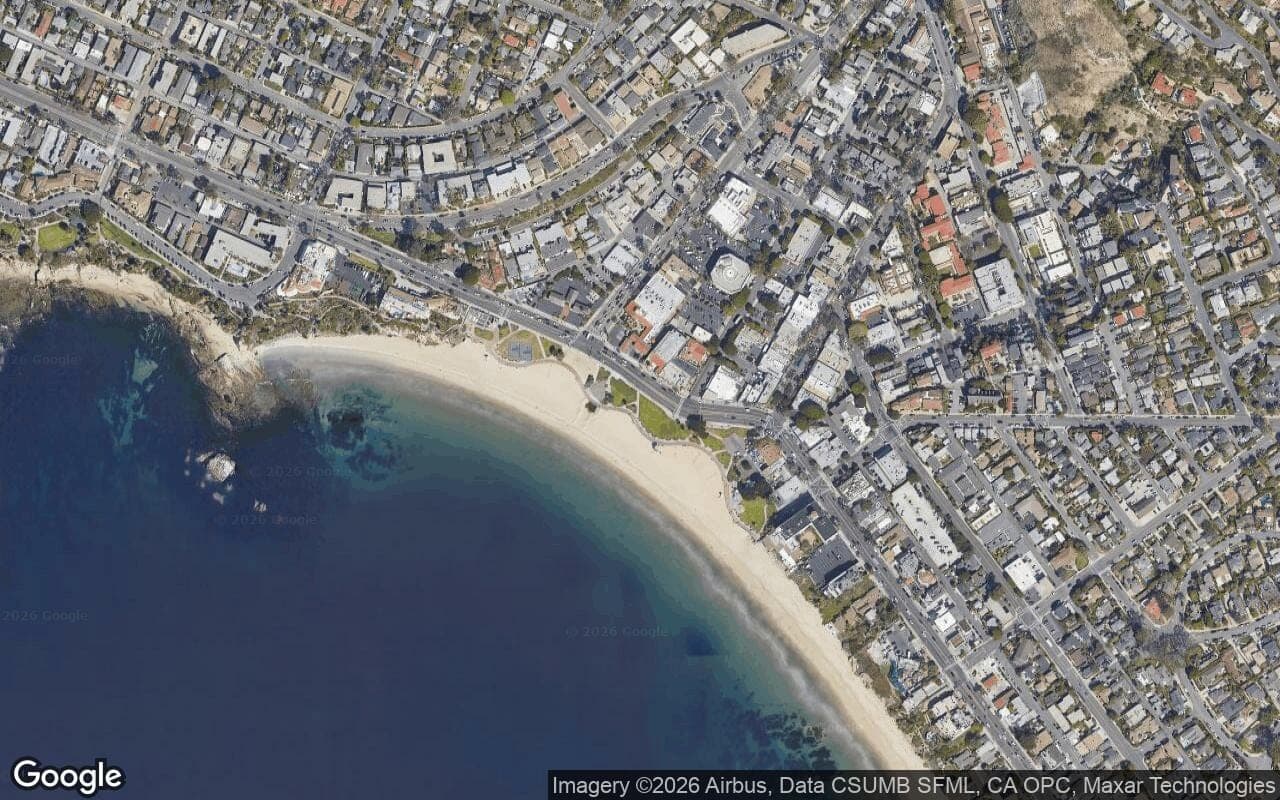 Satellite aerial view of Laguna Canyon in Laguna Beach, California, showing the neighborhood's streets and surroundings.