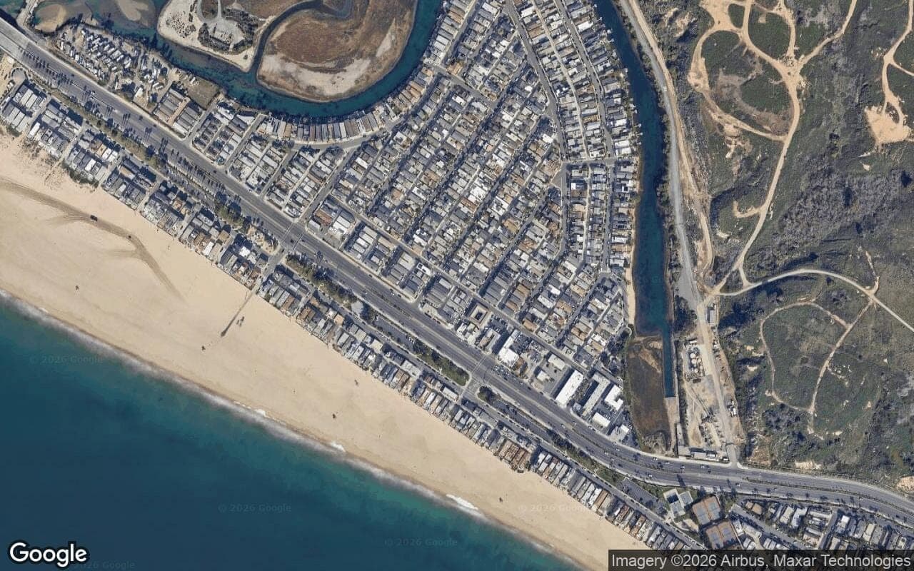 Satellite aerial view of Lido Sands in Newport Beach, California, showing the neighborhood's streets and surroundings.