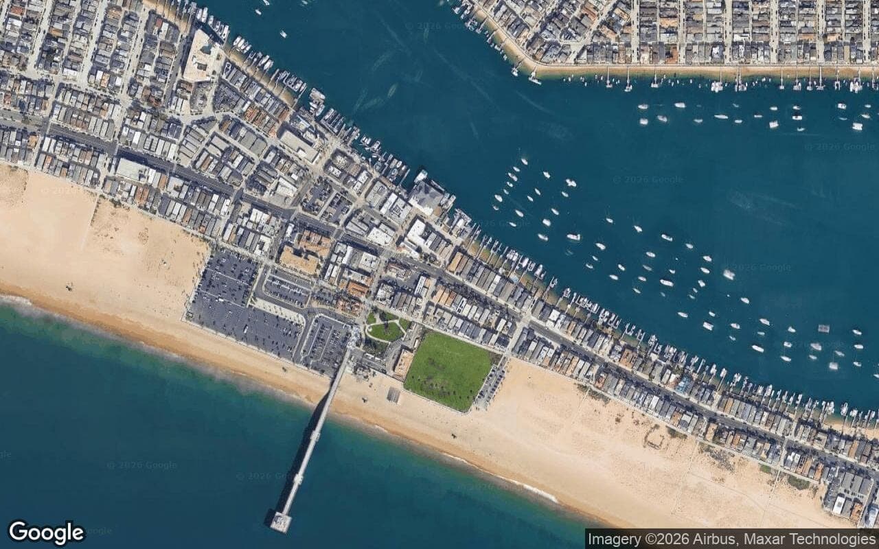 Satellite aerial view of Mai Kai in Newport Beach, California, showing the neighborhood's streets and surroundings.