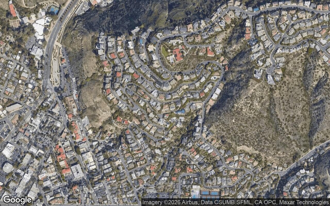 Satellite aerial view of Mystic Hills in Laguna Beach, California, showing the neighborhood's streets and surroundings.
