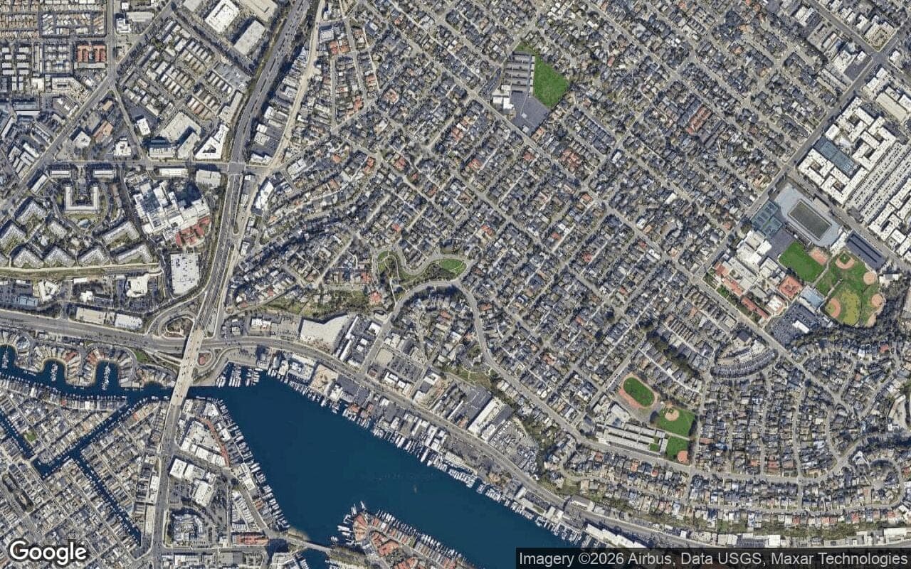 Satellite aerial view of Newport Heights in Newport Beach, California, showing the neighborhood's streets and surroundings.