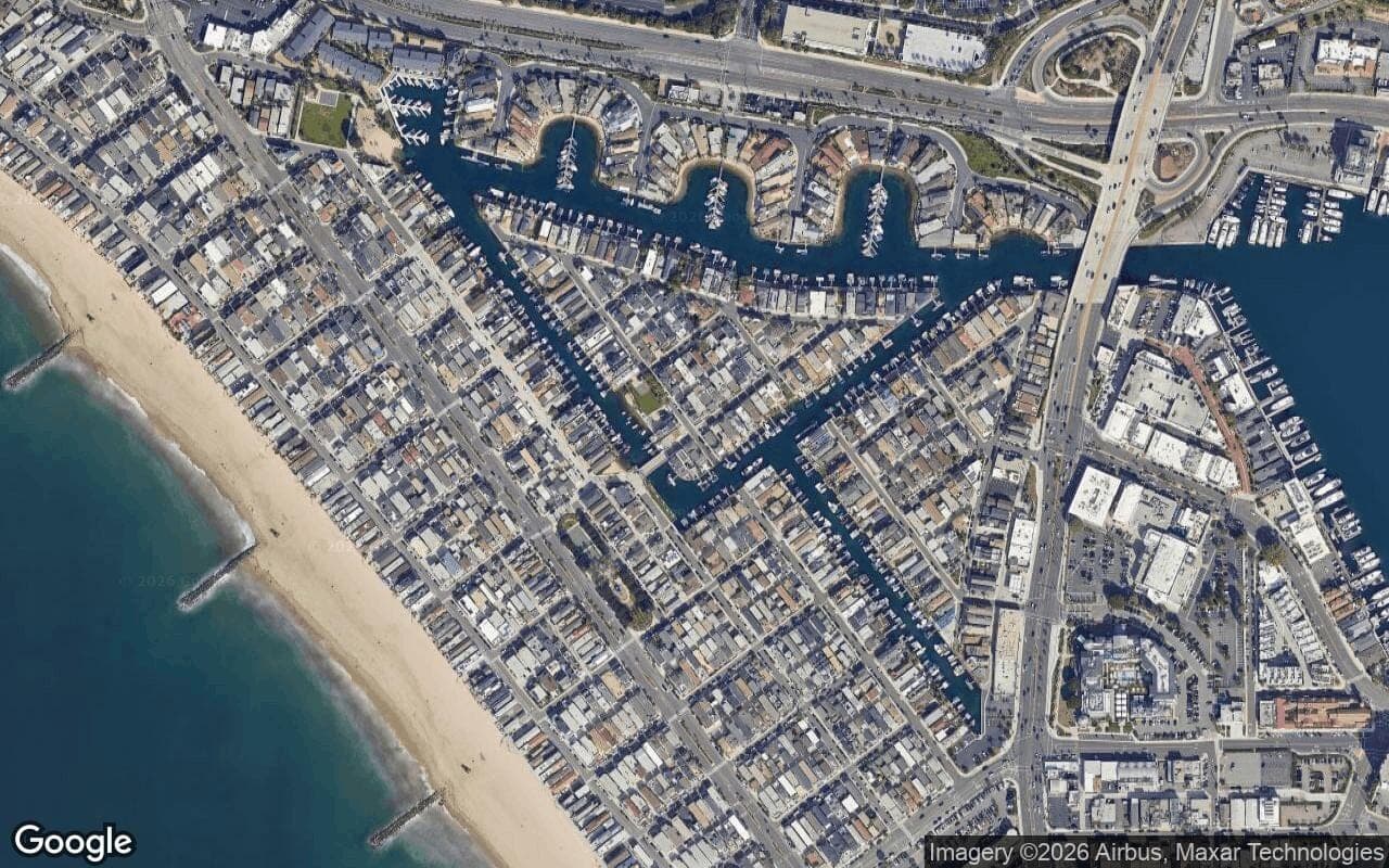 Satellite aerial view of Newport Island in Newport Beach, California, showing the neighborhood's streets and surroundings.