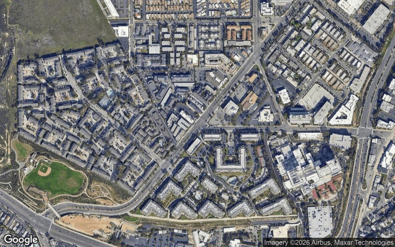 Satellite aerial view of Newport Knolls in Newport Beach, California, showing the neighborhood's streets and surroundings.