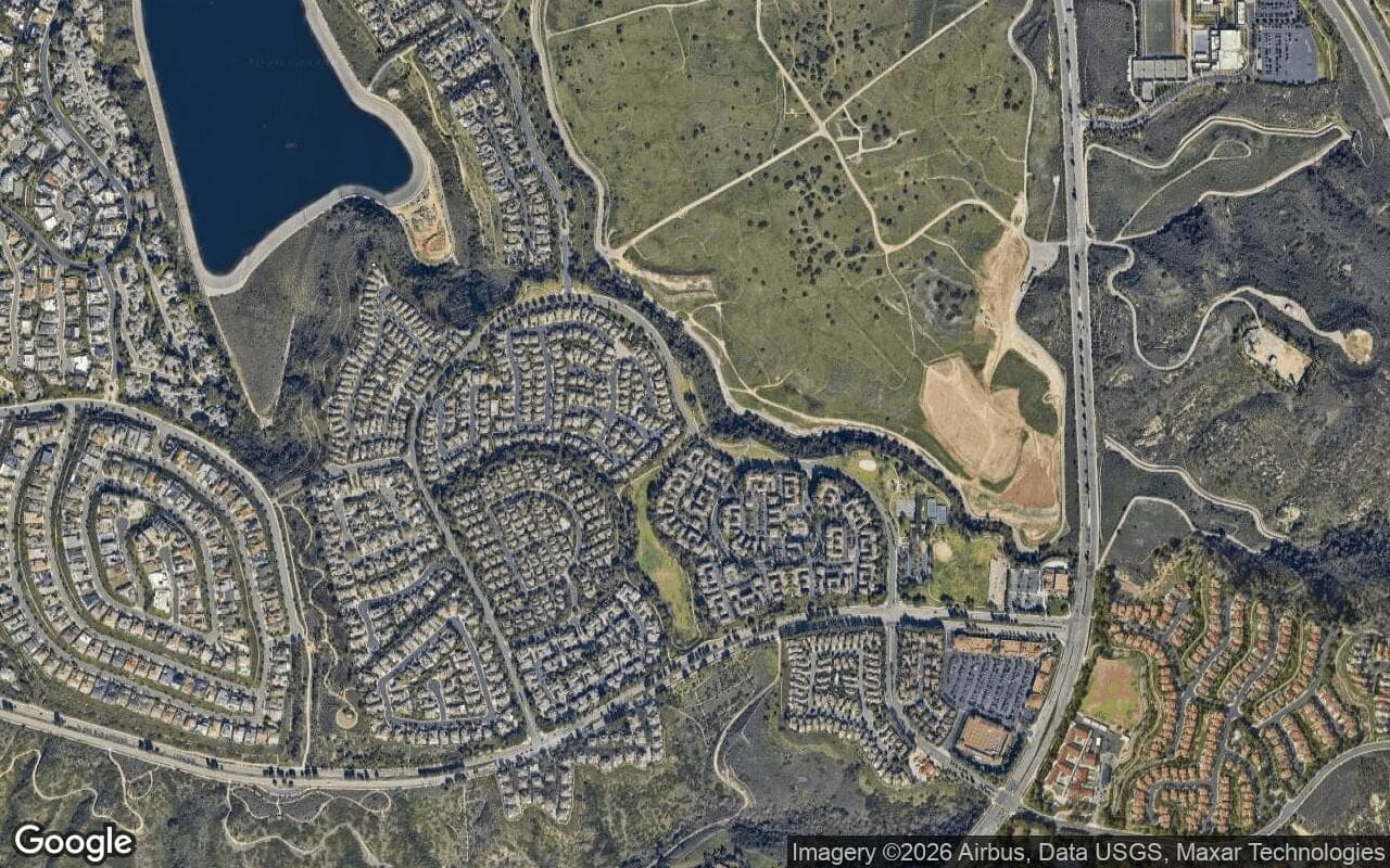 Satellite aerial view of Newport Ridge in Newport Coast, California, showing the neighborhood's streets and surroundings.