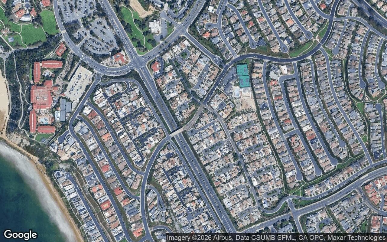 Satellite aerial view of Niguel Shores in Dana Point, California, showing the neighborhood's streets and surroundings.