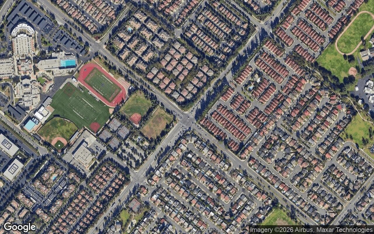 Satellite aerial view of Northpark in Irvine, California, showing the neighborhood's streets and surroundings.