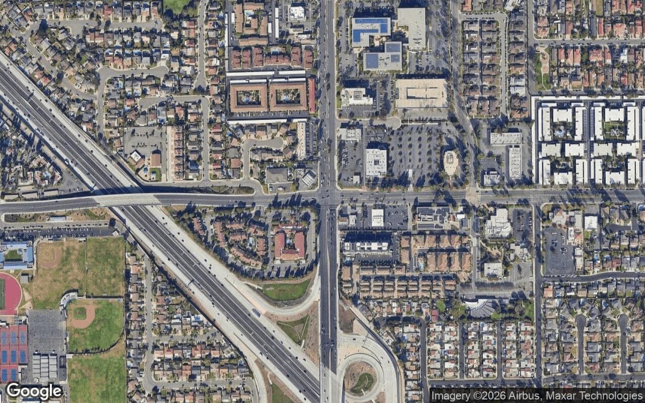 Satellite aerial view of Pheasant Run in Fountain Valley, California, showing the neighborhood's streets and surroundings.