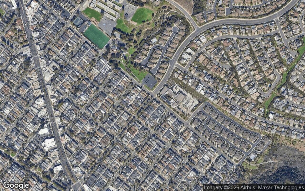 Satellite aerial view of Point del Mar in Corona del Mar, California, showing the neighborhood's streets and surroundings.